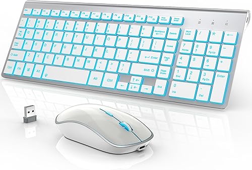 J JOYACCESS Combo de teclado y mouse inalámbricos con 7 opciones retroiluminadas, teclas de luz silenciosas, recargable tipo C, modo de suspensión,