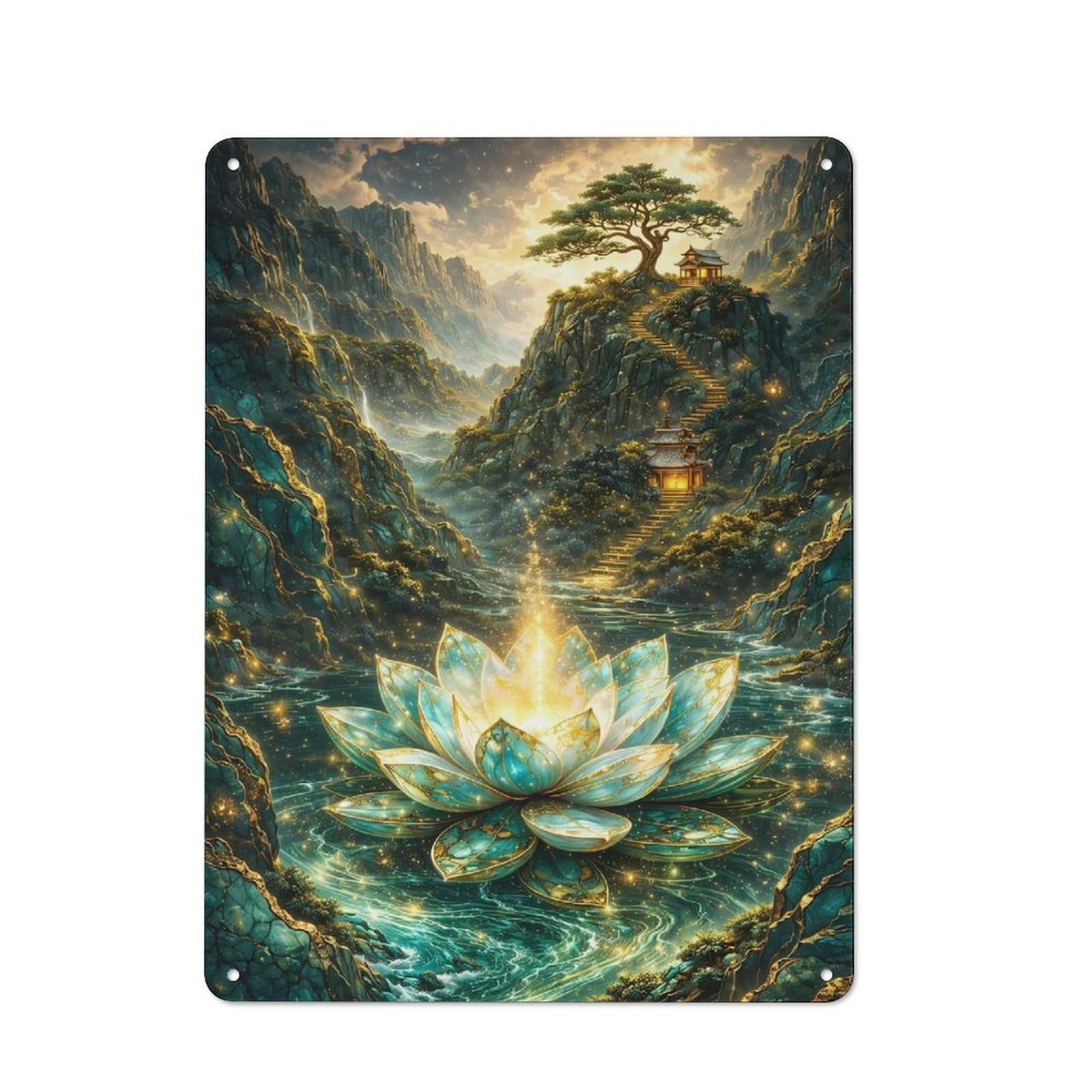 Junmoney Style-14 Enchanted Lotus In A Mountainous Landscape Printed Metal Sign 40X30cm For Man Cave Or Games Room, Suited To Games Room Collectors