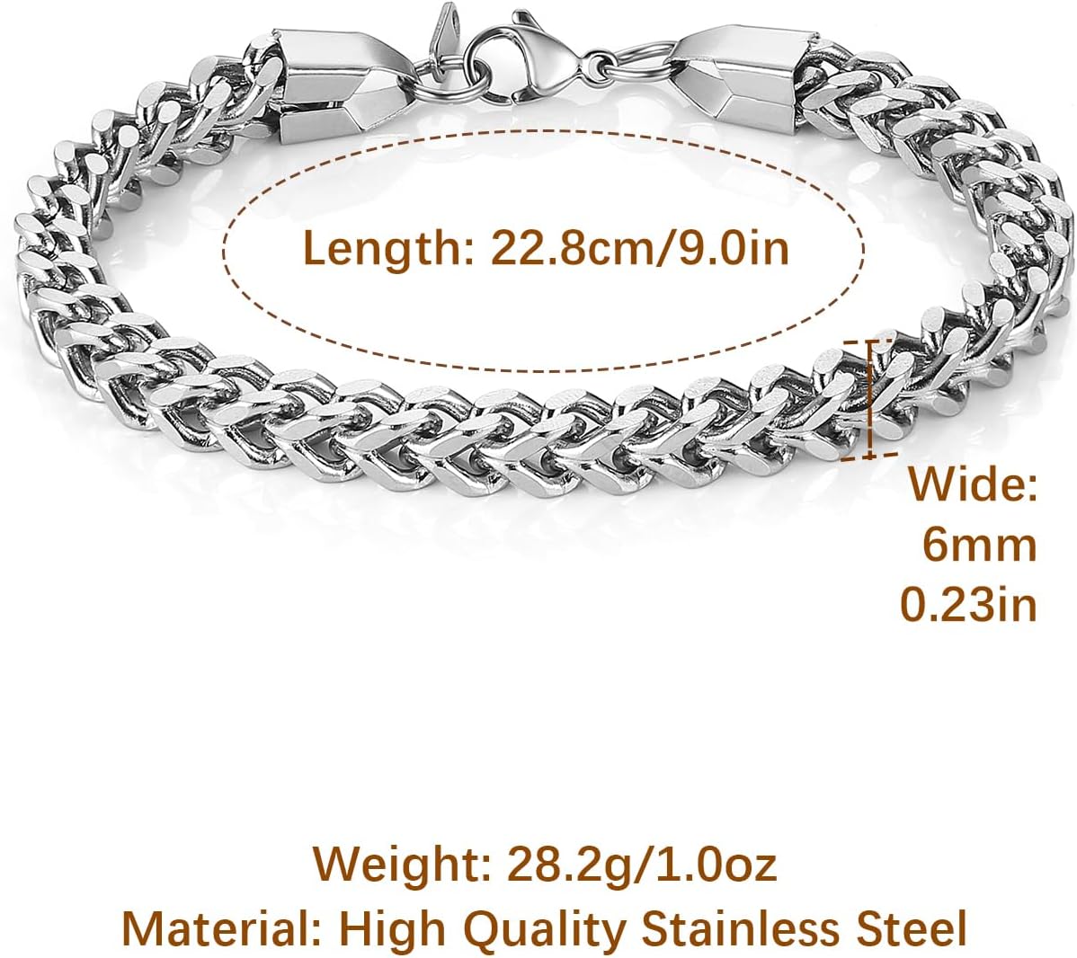 HZMAN Franco Chain Bracelets for Men 3mm/4mm/5mm/6mm Stainless Steel Men's Bracelet Square Box Link Chain Bracelet 7-9 Inch - Image 6