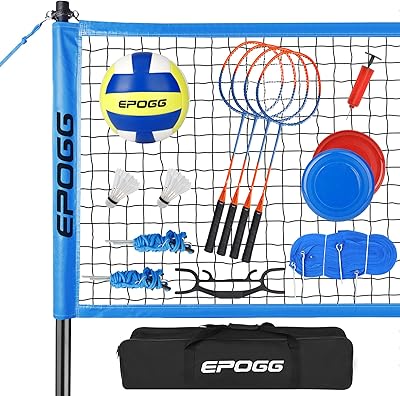 Hamino Badminton and Volleyball Set for Outdoor Backyard Lawn with 4 Badminton Rackets/2 Flying Discs/2 Shuttlecocks/Bound...