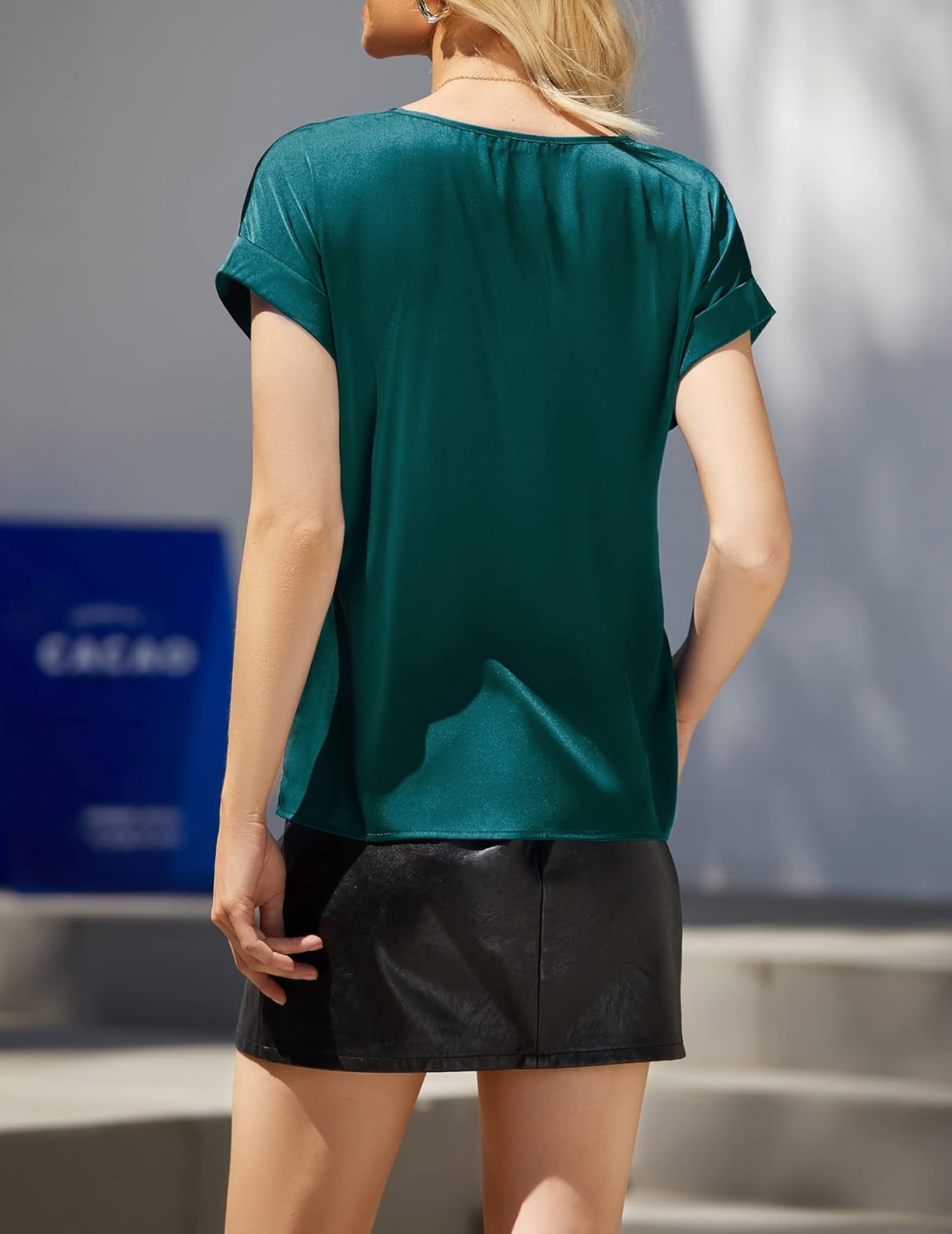 Chigant Women's Short Sleeve Satin Blouses Casual Loose Crewneck Silk Shirts Roll Up Sleeve Tunic Tops S-XXL - Image 4