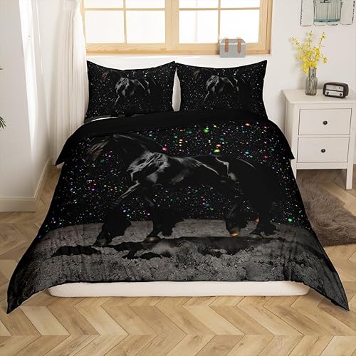 Miniatura 2 de Castle Fairy Juego de ropa de cama de caballo negro, tamaño Queen, colorido y brillante cielo estrellado para niños, regalo de dormitorio infantil,