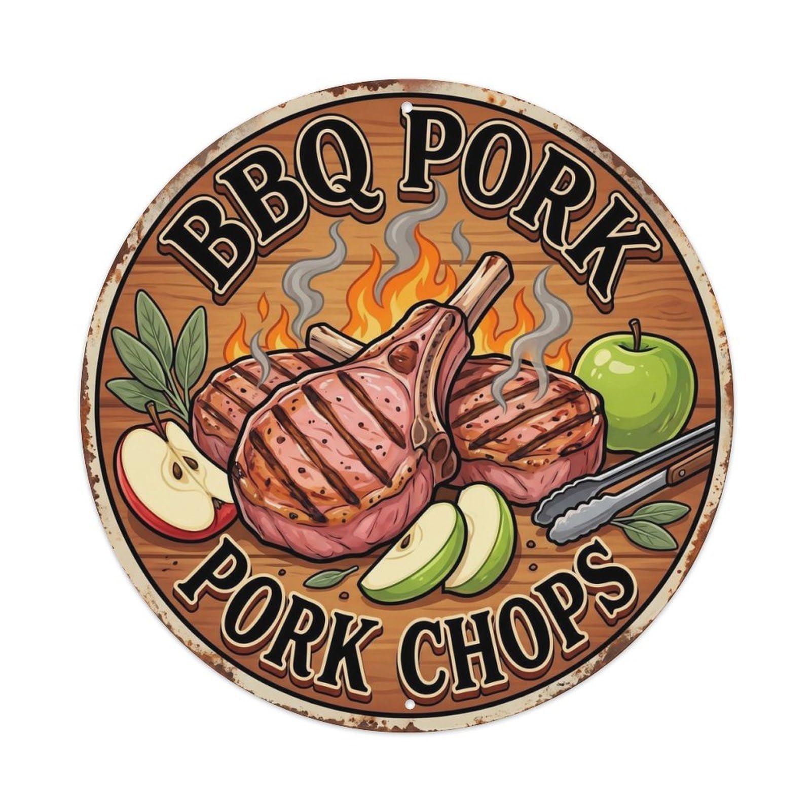 Vintage BBQ Barbecue Pork Chops Artwork Metal Tin Sign Plaque Wall Decor for Cafe, Club, Garden Round Metal Poster 8x8Inch