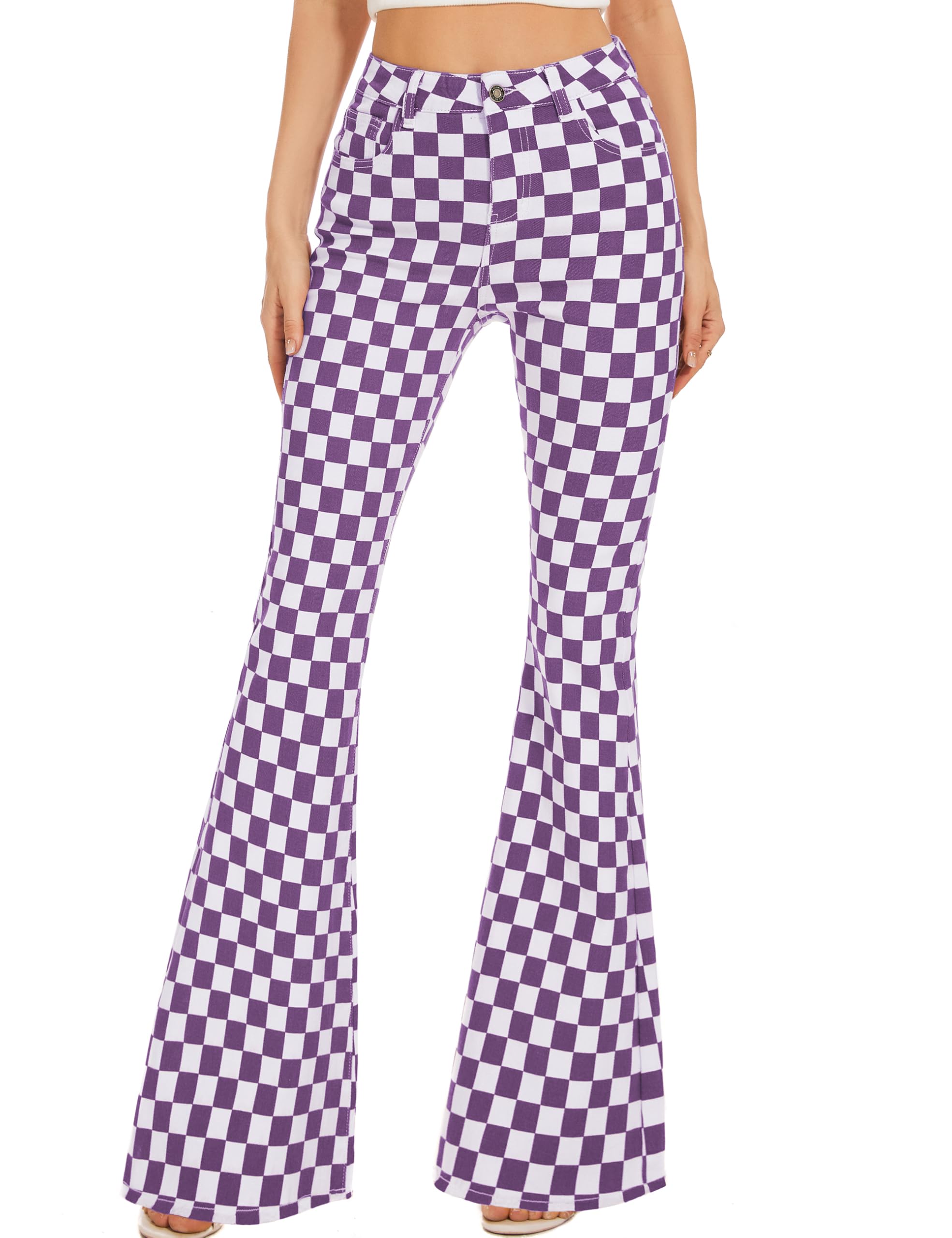 Jeans con fondo a campana per le donne a vita alta stretch plaid flare jeans jeans bootcut pantaloni