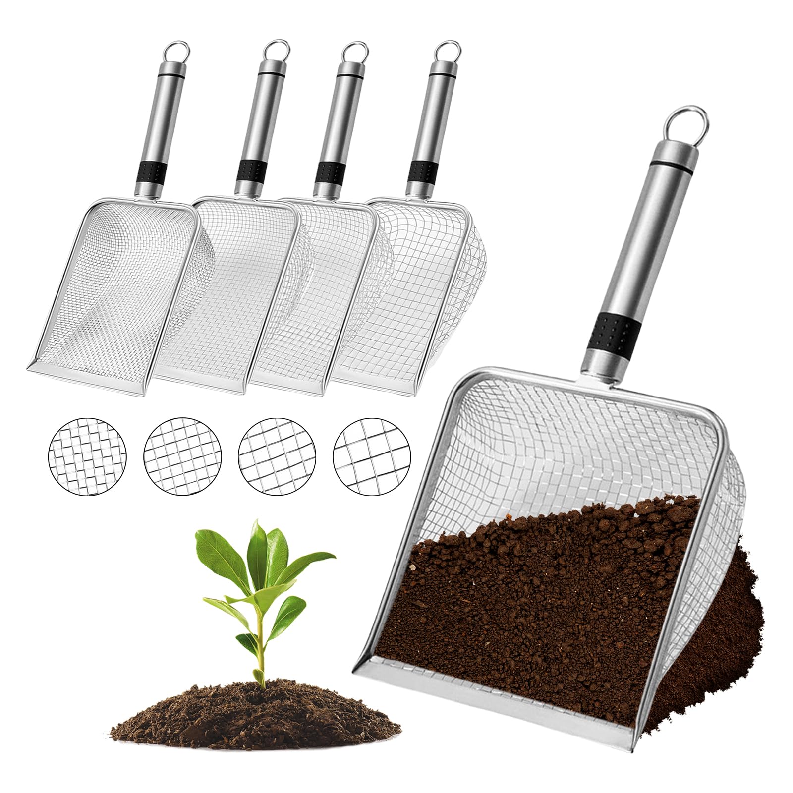 PORFOYO Setaccio da Giardino in Acciaio Inox, 4 Pezzi Setaccio per Terreno per Giardinaggio E Compost, Colino per Sabbia Terra Rocce Cortile Vasi, con Manico Inox, Maglia, Maglia 2/2,8/3,8/5mm