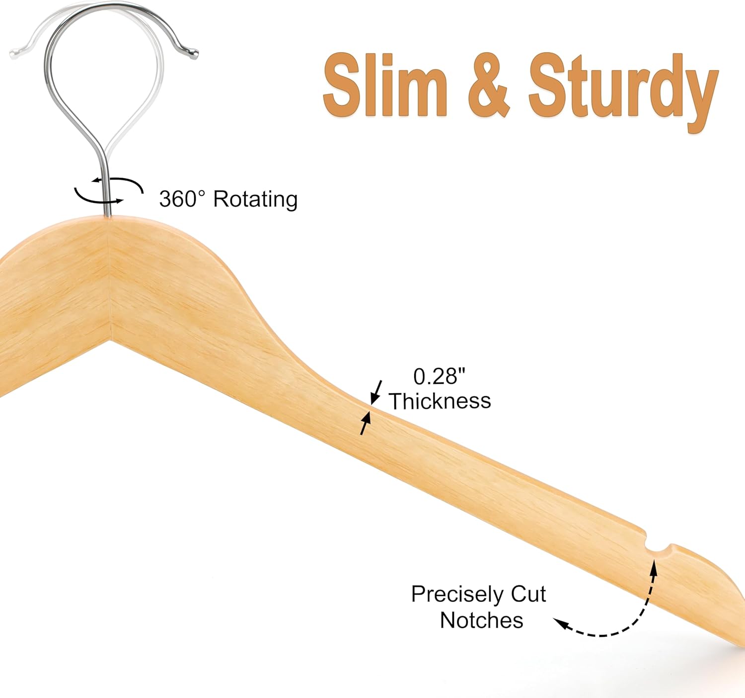 TOPIA HANGER Wooden Hangers 30 Pack, 0.28-inch Slim & Durable Clothes Hangers Space Saving, Natural Wood Hanger with 360°Swivel Hook and Non-Slip Shoulder Notches for Coat,Shirt, Camisole, Dress-CT51N