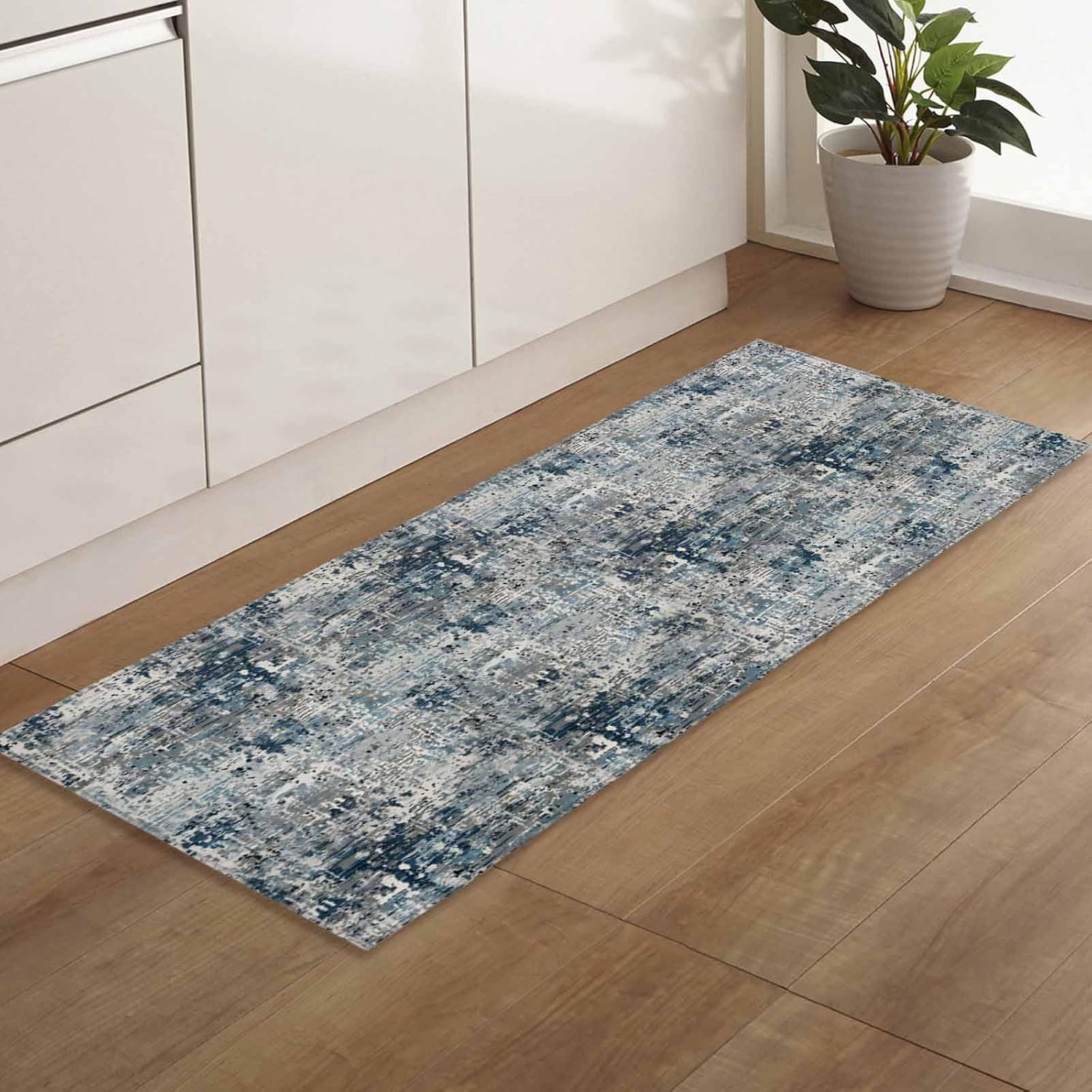 Teamery Kitchen Mats for Floor Gradient Grey Navy Blue Washable Non Slip Kitchen Rugs 1PCS, Abstract Mottled Vintage Absorbent Standing Mats for Sink Bathroom Office Living Room 23.6x70.9in