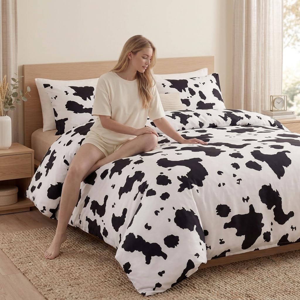 100% Cotton Duvet Cover Queen Size, Black and White Cow Print Bedding Set with Zipper Closure, Farmhouse Soft Breathable Comforter Cover with 2 Pillowcases for All Seasons