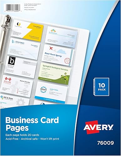 Avery Páginas organizadoras transparentes de tarjetas de visita para carpetas de 3 anillos, paquete de 10, con capacidad para 200 tarjetas en total