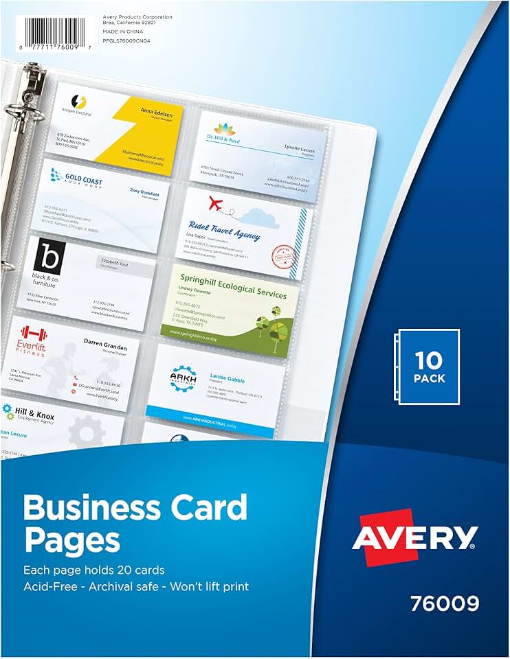 Avery Clear Business Card Organizer Pages for 3 Ring Binders, Pack of 10, Holds 200 Cards Total (76009)