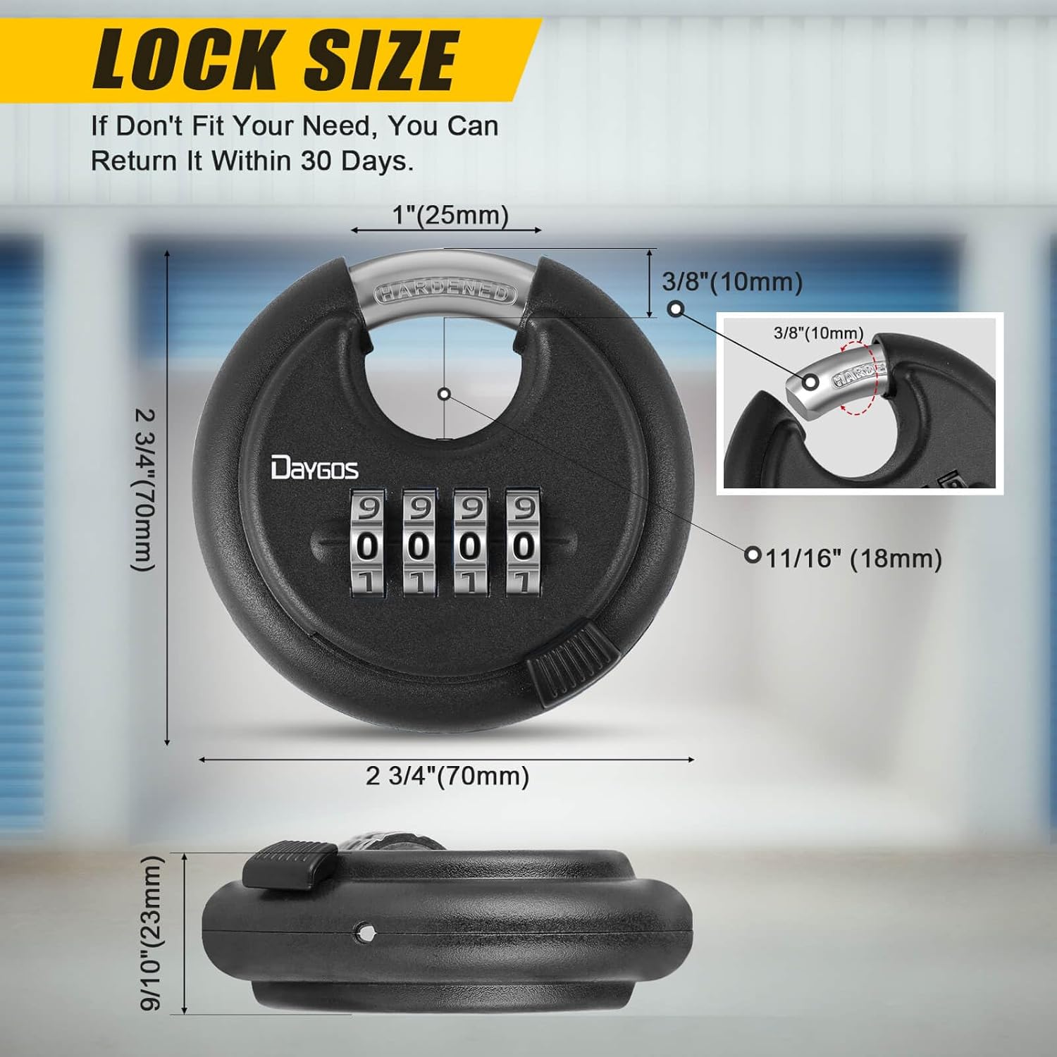 DAYGOS Combination Disc Padlocks for Outdoor - Heavy Duty 4 Digit Code Lock, Combo Lock for Storage Unit,Gate,Fence,Trailer(3/8-in Shackle,1PCS,Black) 1P round disc padlock Black