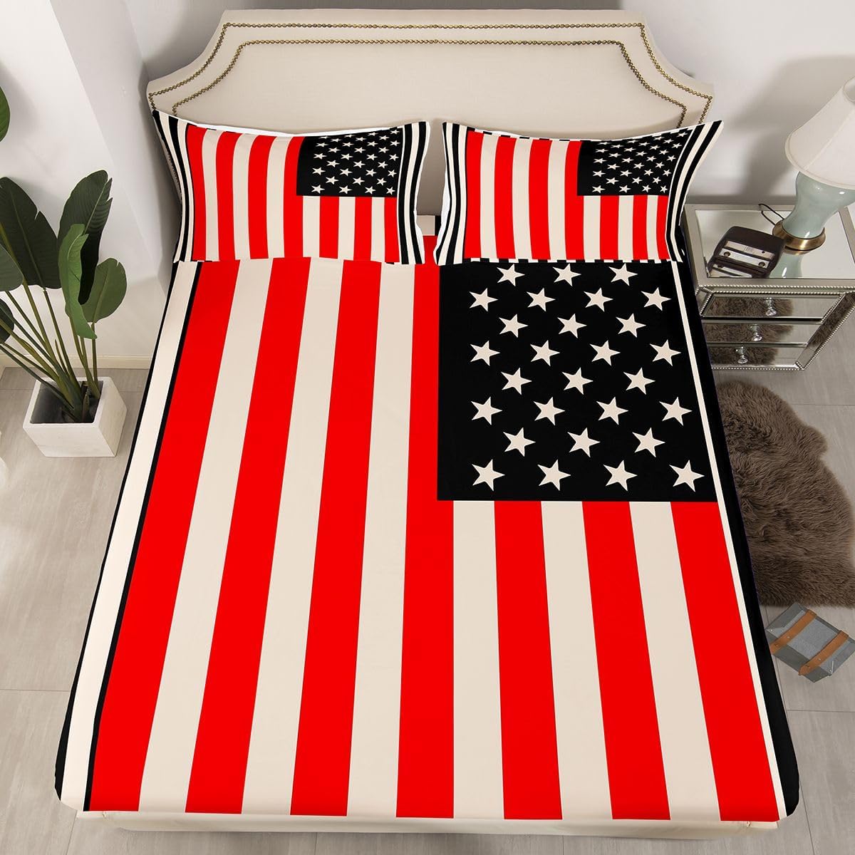 American Flag Fitted Sheet, USA Federations Stars Stripe Bedding Sets for Kids Teens Adult, United States Bed Sheets American Flag Black Red Bedding Decor Set Twin Size 1 Fitted Sheet+1 Pillow Case