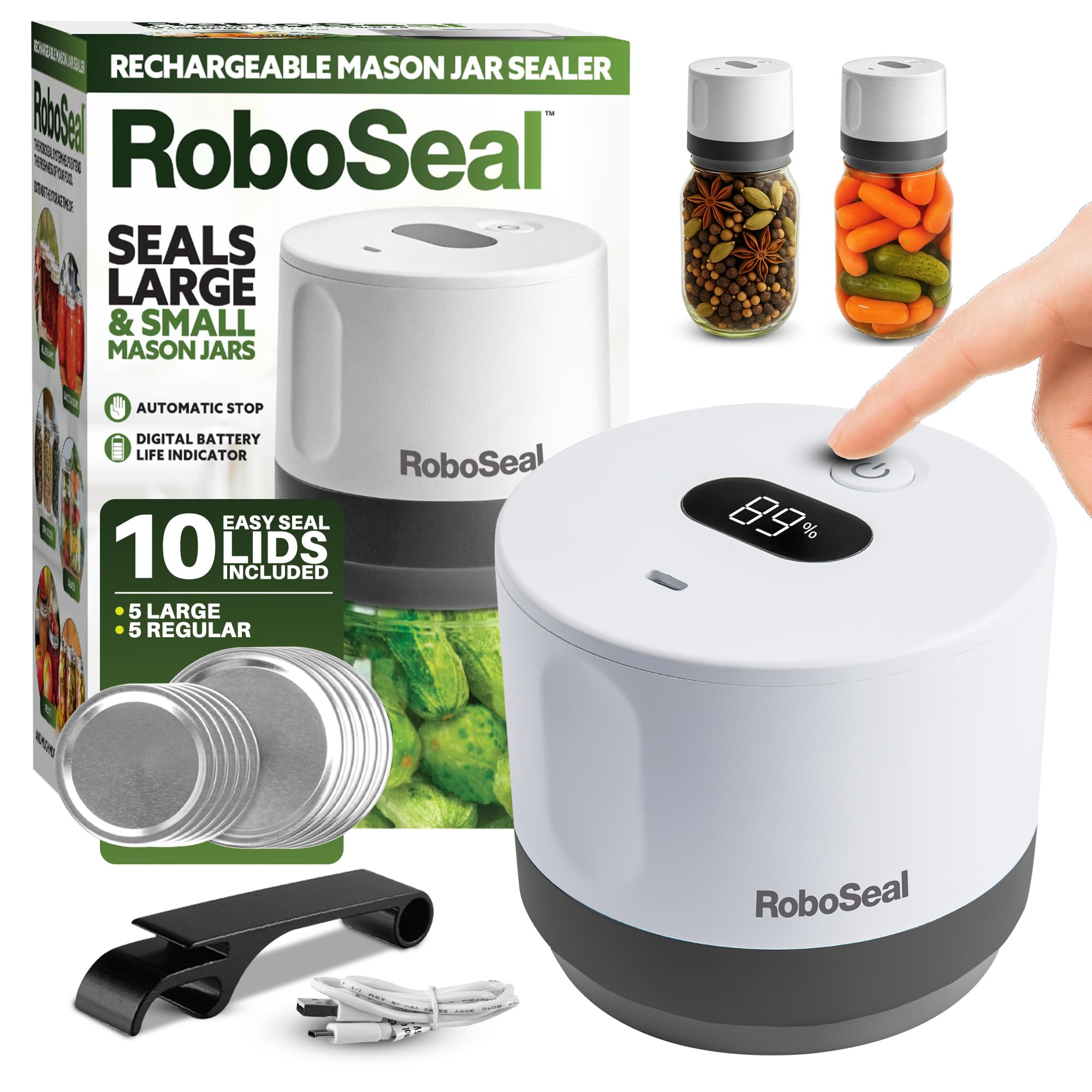 RoboSeal Rechargeable Mason Jar Vacuum Sealer for Mason Jars Wide and Regular, One Touch Vacuum Sealer for Jars, 10 Lids Included, Digital Battery Indicator, As Seen on TV