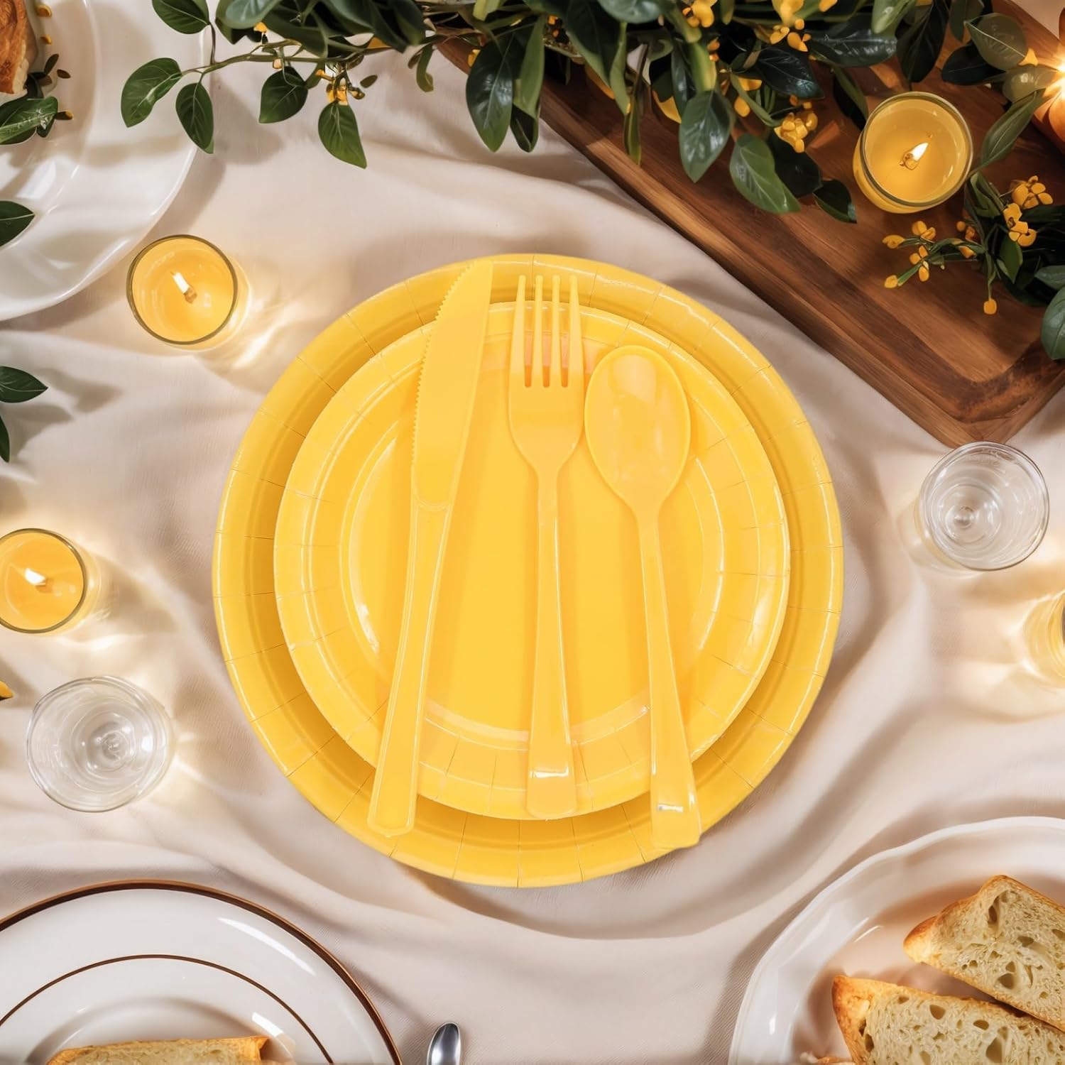 DX DENGXUAN 400-Piece Yellow Party Set,Disposable Paper Plates Cups Plastic Spoons and Fork Knives Yellow Napkin,Suitable for 50 Guests,Disposable Party Tableware Set,Wedding Birthday Party.