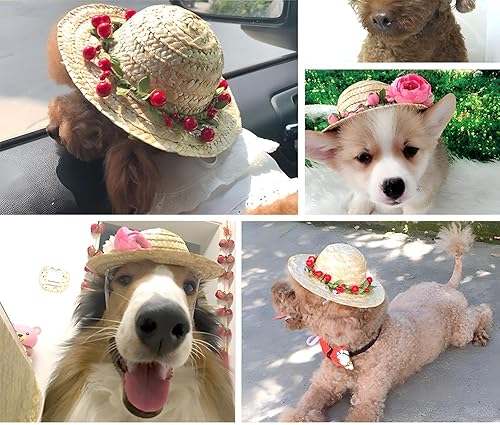 Miniatura 7 de NACOCO Sombrero de paja de girasol, hecho a mano, encantador, accesorio para fotografía de perros y gatos pequeños (S, rosa)