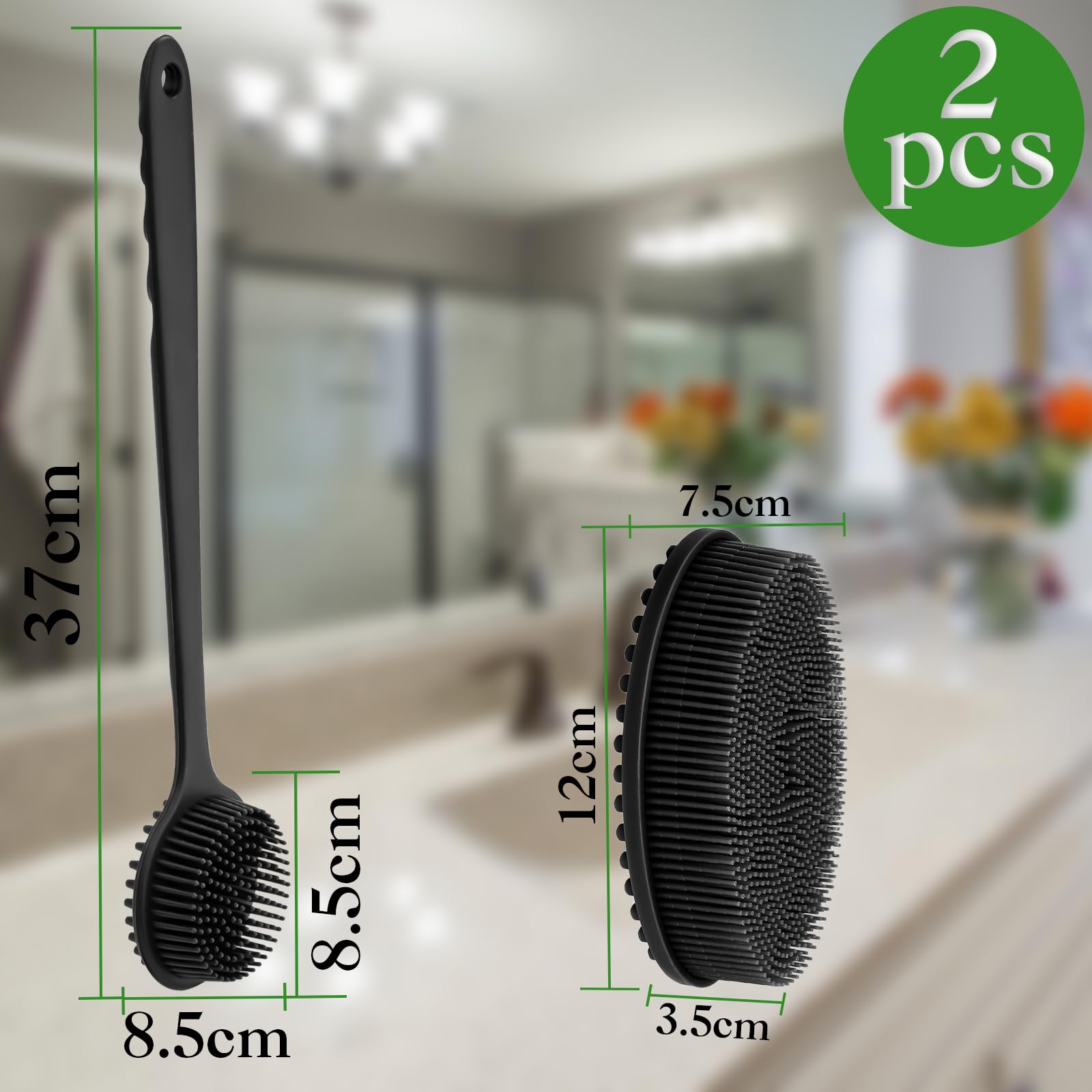 2 Pezzi Spazzola Schiena Doccia con Manico Lungo Spugna Silicone Corpo Nero Body Back Scrubber Lavaschiena per Doccia Esfoliante e Massaggio