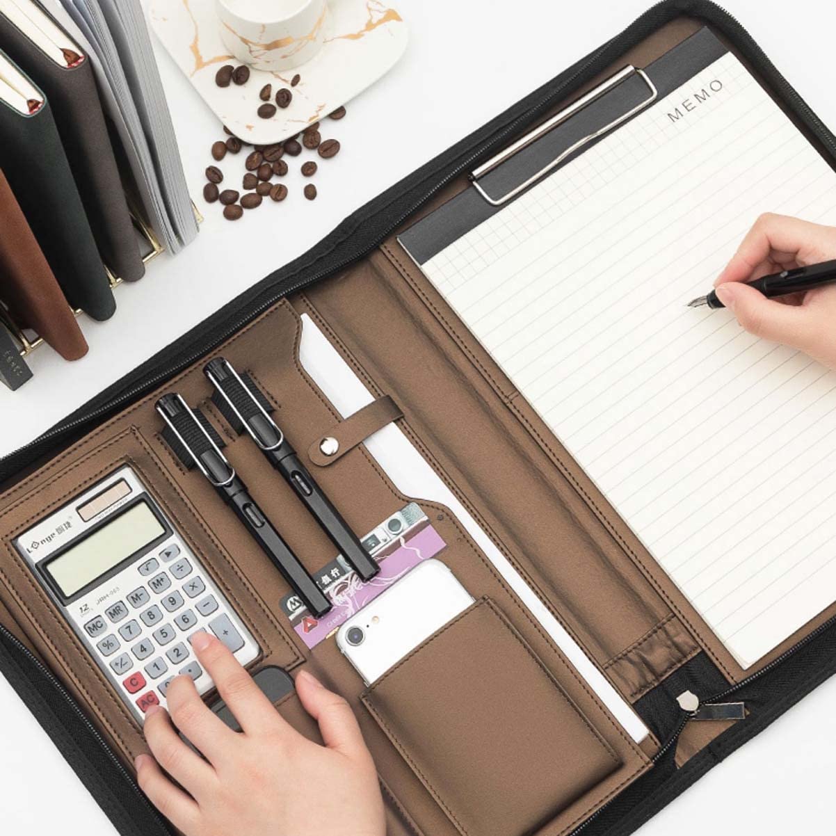 Teczka konferencyjna Organizer na dokumenty， Teczka A4 z schowkiem i miejscem do przechowywania, segregator z kalkulatorem, zamykany na suwak, na CV(Blauw,12digit solar calculator)