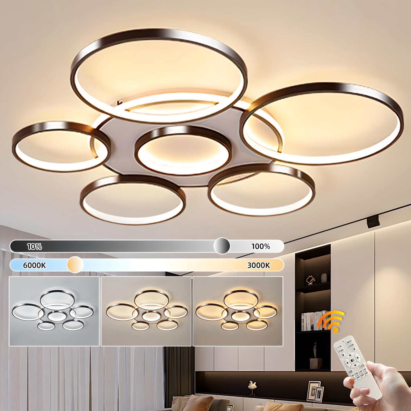 YYUTLUO Lámpara Techo LED Moderna, Ø110cm Lámpara Multicírculo Negra, 120W Regulable Continuo 3000-6000K, Lámpara Redonda De Metal + Acrílico, Dormitorio Sala Niños Oficina Estudio Cocina (7 Anillos)