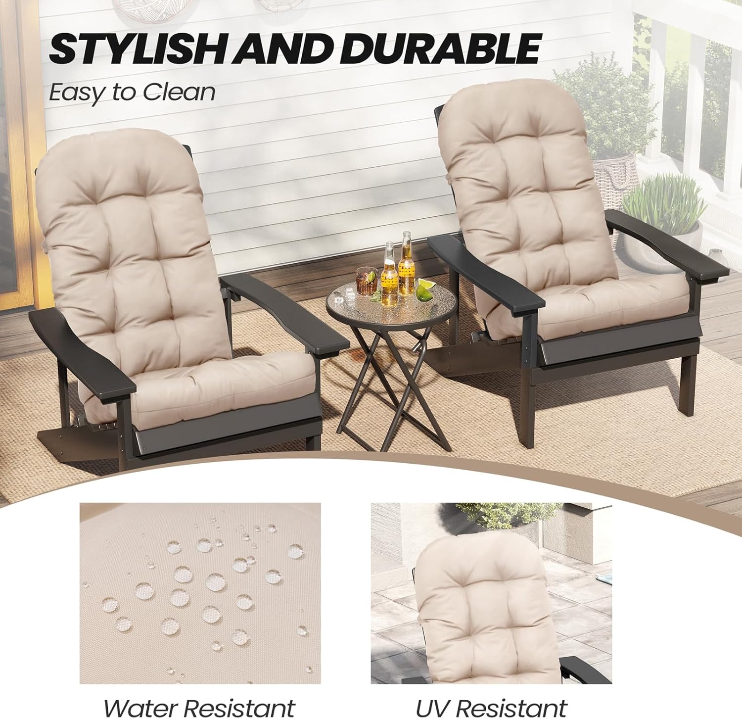 Crestlive 50x20x4 Inch Adirondack Chair Cushion, Outdoor Rocking Chair Cushions Water Resistant High Back Patio Chair Cushions Set of 2, Replacement Cushions，Beige