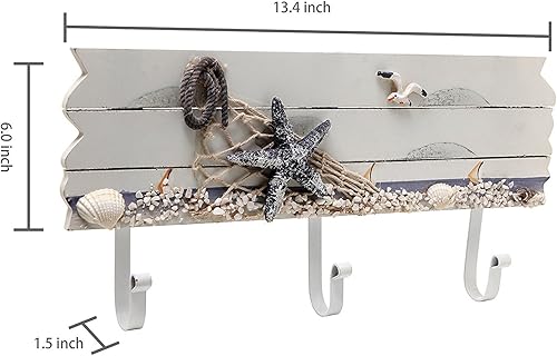 Miniatura 5 de Perchero de madera con 3 ganchos de metal con diseño de mar y playa, con estrellas de mar, gaviotas y conchas de mar