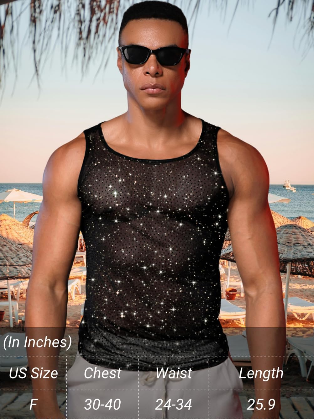Men's Sparkly Sheer Tank Tops, Rave Festival Rhinestone Outfits, Sexy Mesh Muscle Shirts (Fit Chest 30-40") - Image 6