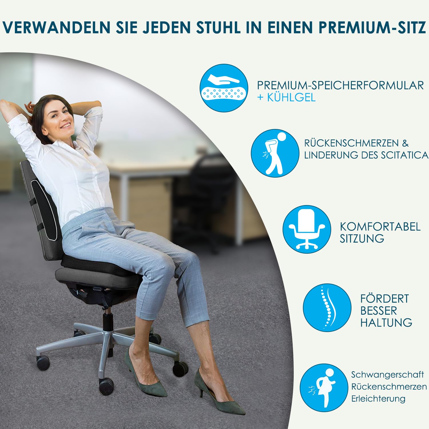 Lendenwirbelstützkissen Für Bürostuhl – Memory Foam Mit Verstellbarem Pad, Rutschfest, 40x50cm