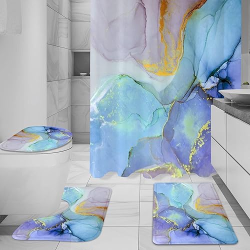 Miniatura 8 de Gibelle Juego de 4 cortinas de ducha de baño con alfombras antideslizantes, cubierta para tapa de inodoro y tapete de baño, juego de decoración