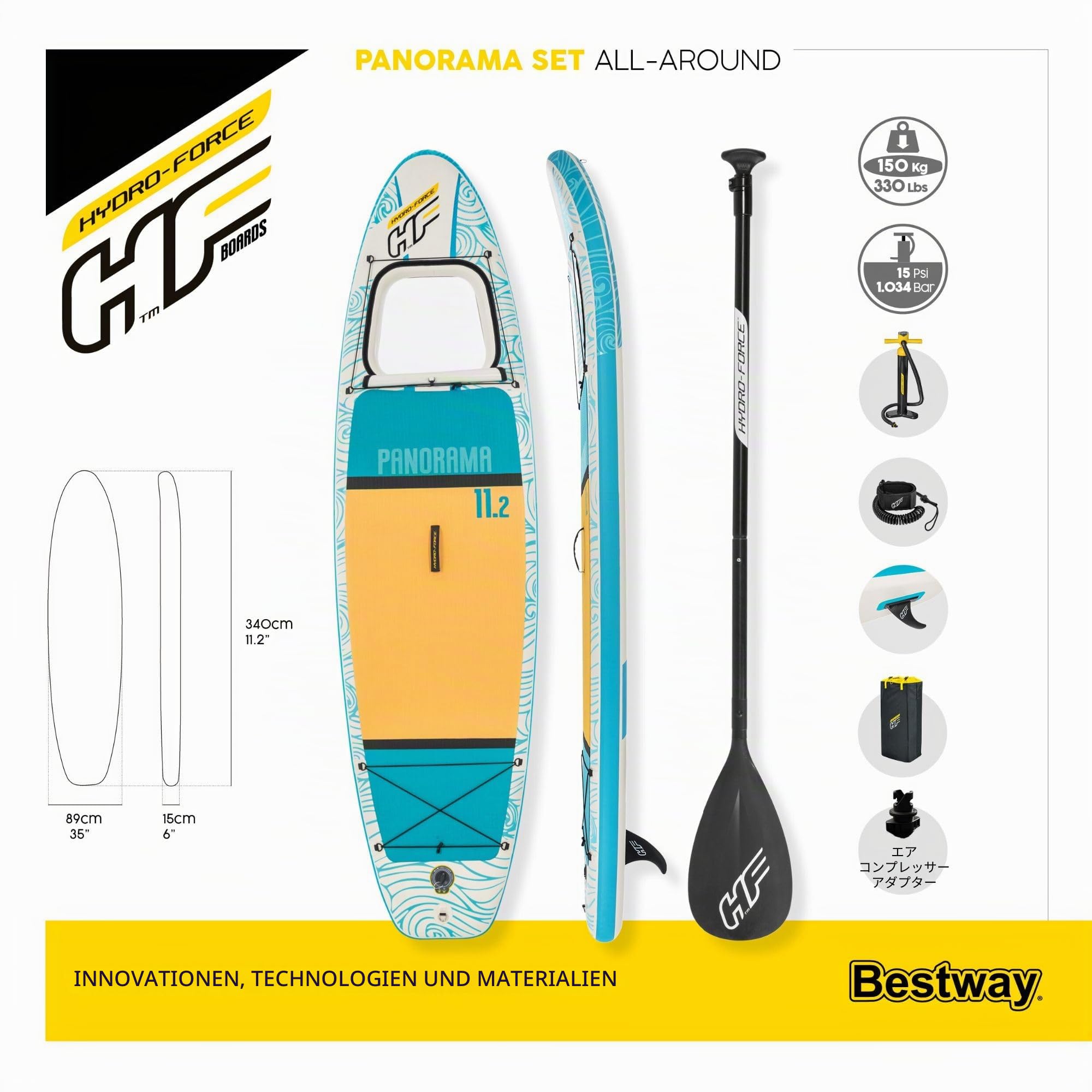 Bestway Hydro-Force Aufblasbares Stand Up Paddle Board | Komplettset mit Handpumpe, Reisetasche und integriertem Fenster, mehrere Größen
