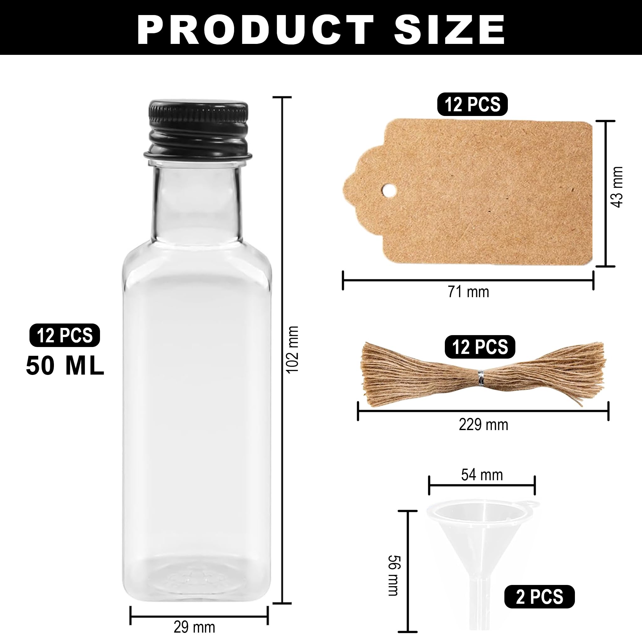 12 Pezzi Piccole Bottiglie da 50ml per riempire, Mini Bottiglie di Liquore con Coperchio e Imbuto Neri, Bottiglie Riutilizzabili per Festa di Nozze (Quadrata)