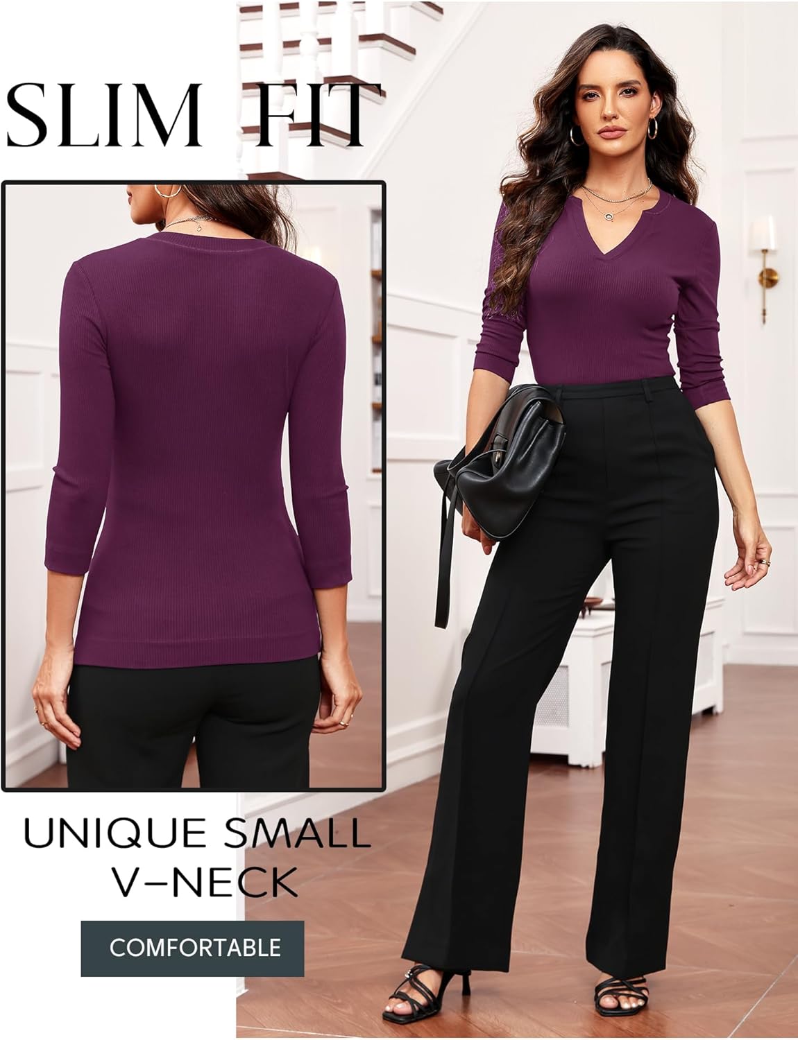 Prettywear Women 3/4 Length Sleeve Shirts V Neck Fitted Business Casual Work Tops 2025 Elegant Ribbed Tunic Blouses - Image 4