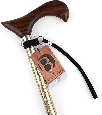 Brazos Adjustable Walking Cane for Men and Women Made of Lightweight Engraved Aluminum with Wooden Handle, Wrist Strap and Rubber Tip, Gold Body with Walnut Handle, FSA & HSA Eligible Pack of 25