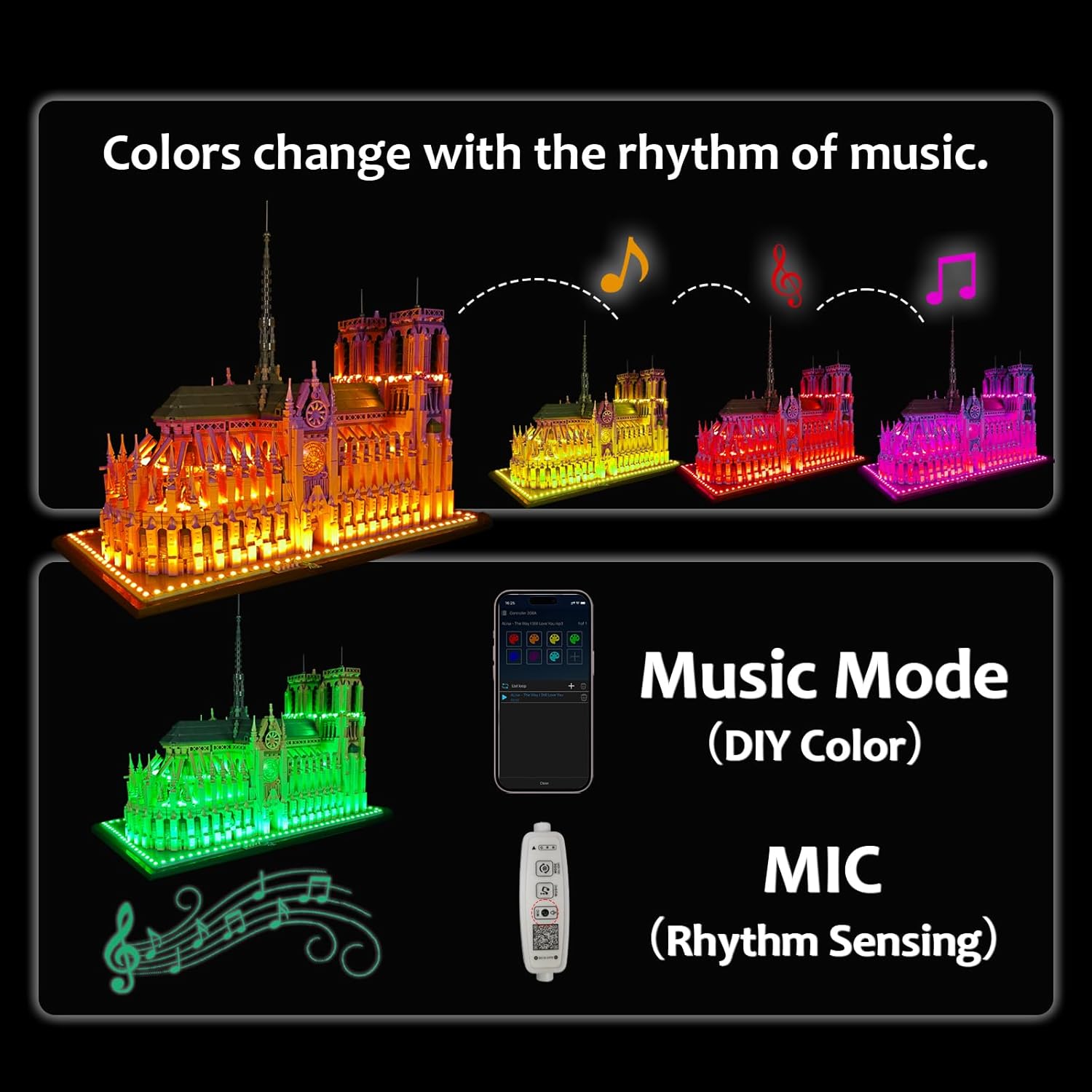 Color Changing LED Light kit Compatible with Lego 21061 Notre Dame, App and Remote Control (No Model Only Light)