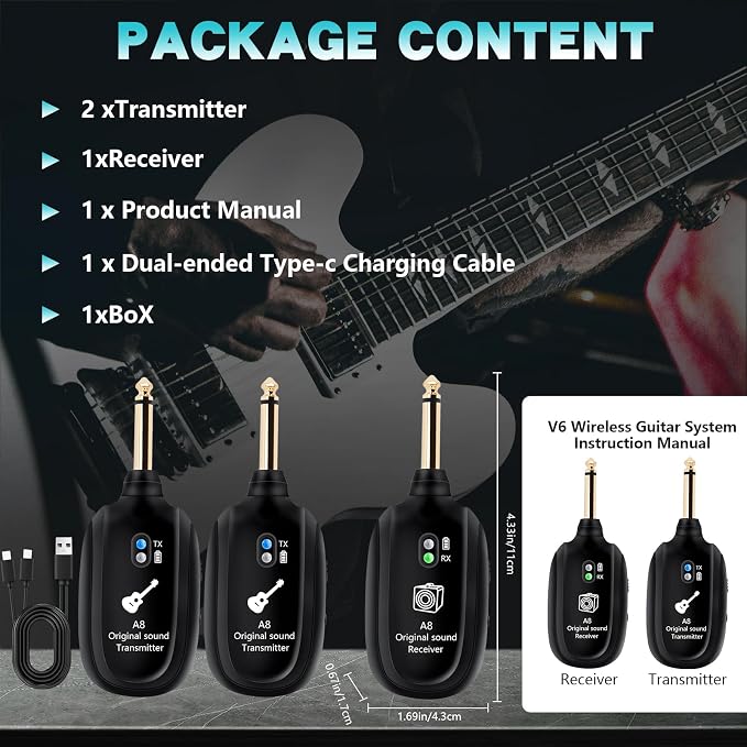 Sistema inalámbrico transmisor receptor guitarra A8 miniatura 3