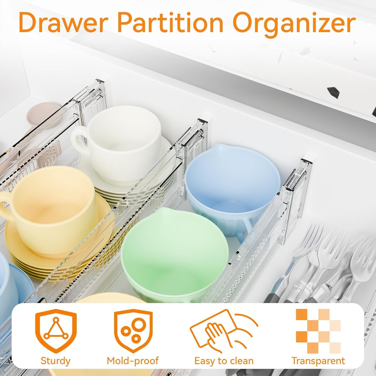 Yieach 4 Pack 3.2 Inch Shallow Acrylic Drawer Dividers for Clothes -Expandable from 15-21''- Adjustable Drawer Dividers for Baby Clothing,Sock,Underwear,Clear in Drawer Separators for Dresser,Kitchen