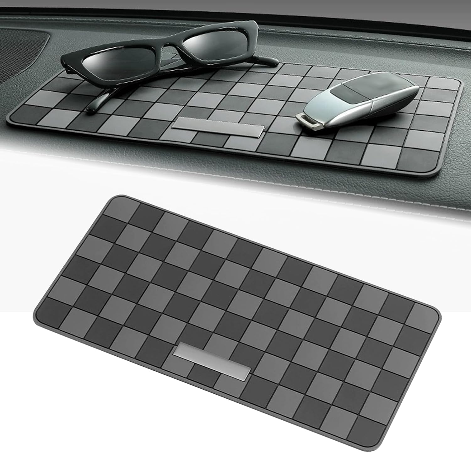 Car Dashboard Non-slip Mat, Multifunction Sticky Pad with Checkered Pattern, PVC Heat-resistant Dash Mat for Phone & Sunglass & Key, Interior Storage Accessory for Car & Home (Black & Brown)