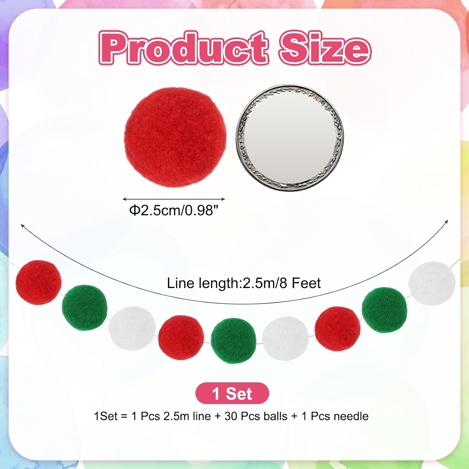 MECCANIXITY Felt Ball Garland, 8 Feet 30 Balls Rainbow Pom Pom Garland Handmade for Christmas Halloween Birthday Party Room Decoration(Red,Green)