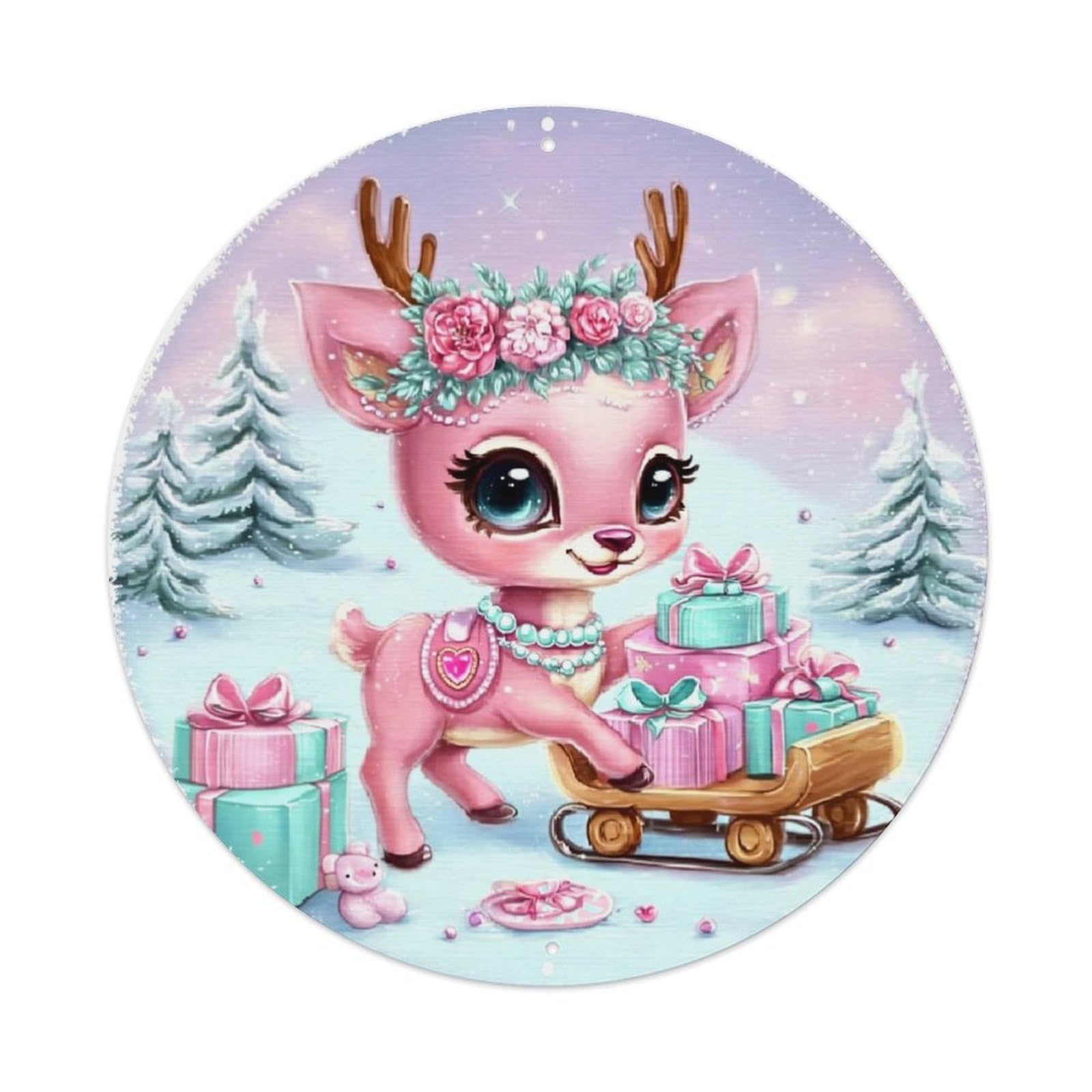 Pink Deer With Gifts And Sleigh Round Metal Tin Sign Vintage Wall Decor, Bar Garage Cafe Kitchen Home Wall Art Poster 8x8inches