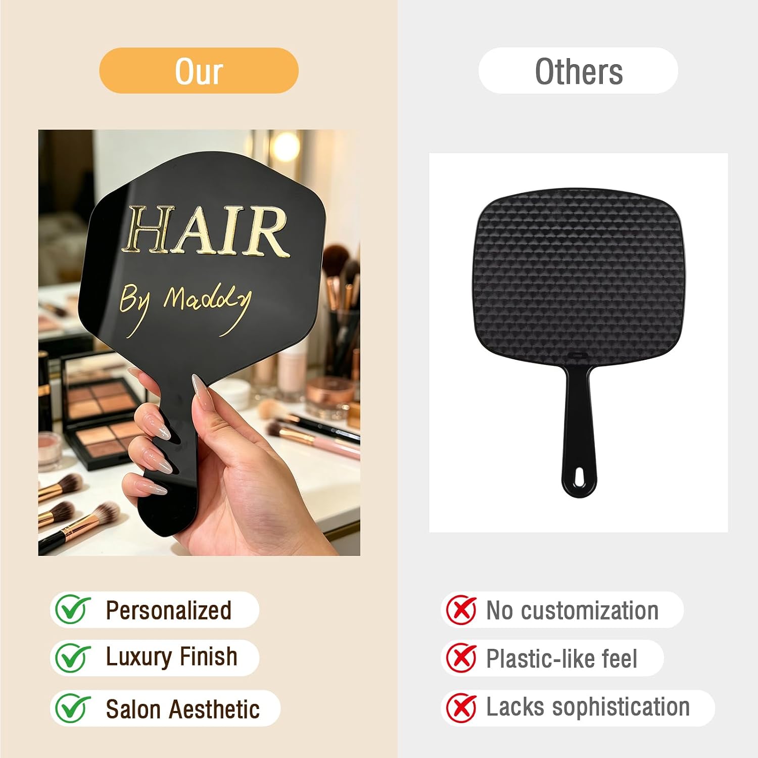 GUANKE DIY Personalized Handheld Beauty Mirror for Hair Artists, Customizable Glass Mirror with Black Acrylic Handle, Includes Gold & Silver Marker Pens, Salon Mirror Gift for Women (Hair)