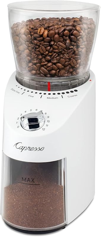 Capresso Infinity Plus Conical Burr Grinder, White | Commercial-grade steel burrs, 16 settings, low-speed gear motor