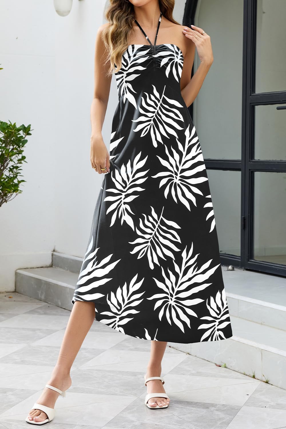 IHOT Women's Halterneck Floral Maxi Dresses Sleeveless Summer Casual Beach Vacation Dress - Image 2