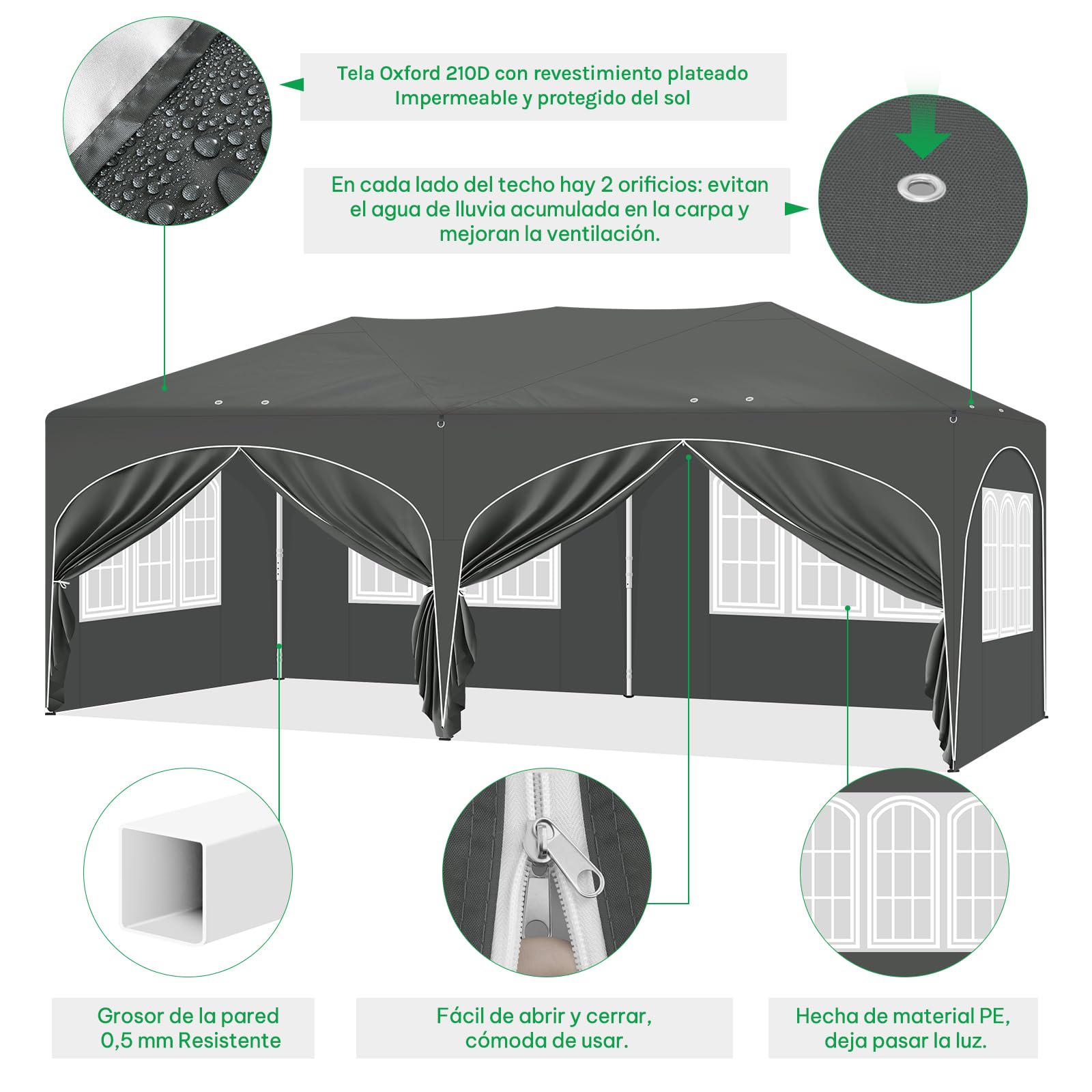 Laneetal Carpa Plegable 3x6 M, Gazebo de Jardín con 6 Paredes Laterales con Cremalleras En Las Ventanas, Pergola Jardín para Exterior, Pabellón Cenador para Camping y Fiestas, Gris