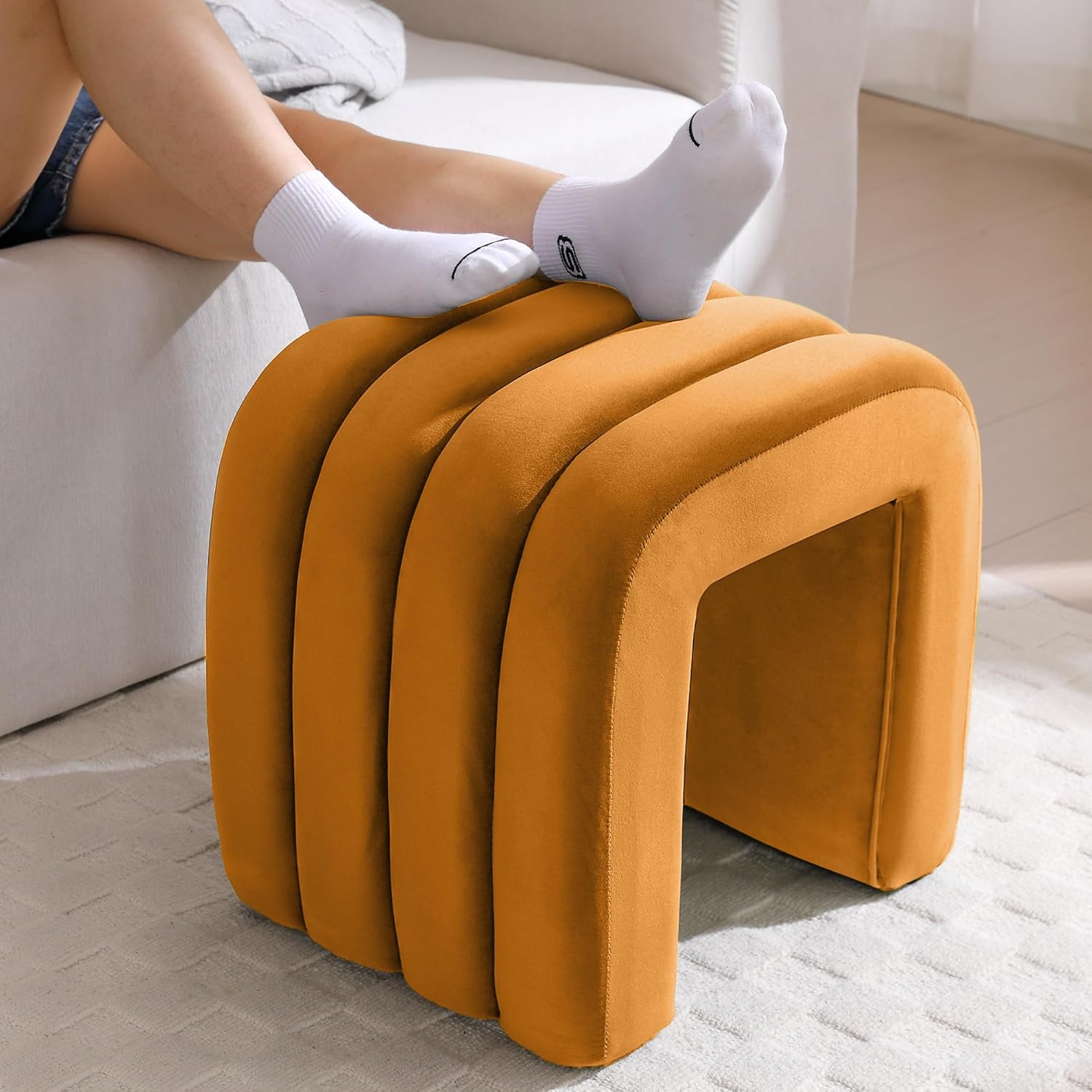 Multi-Functional Ottoman Stool, Footrest for Couch, Modern Vanity Stool for Make-up Room, Living Room and Entryway, Small Cute Footstool (Cognac Velvet)