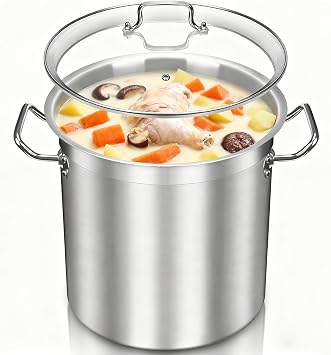 Large Stock Pot 20 Quart with Tempered Glass Lid Stainless Steel Cooking Pot for Soup, Stew, and Pasta Heavy Duty Induction Compatible Stockpot for Kitchen or Commercial Use, Oven Safe