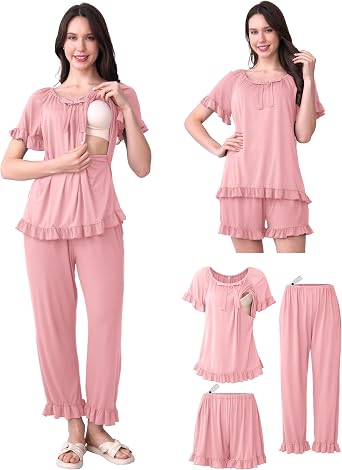 SUNNYBUY 3 PCS Ruffle Nursing Pajamas Set with Bow, Maternity Sleepwear | Cute Design, Hidden Nursing Access, Adjustable Pants & Shorts, Breastfeeding PJS, Pregnancy to Postpartum
