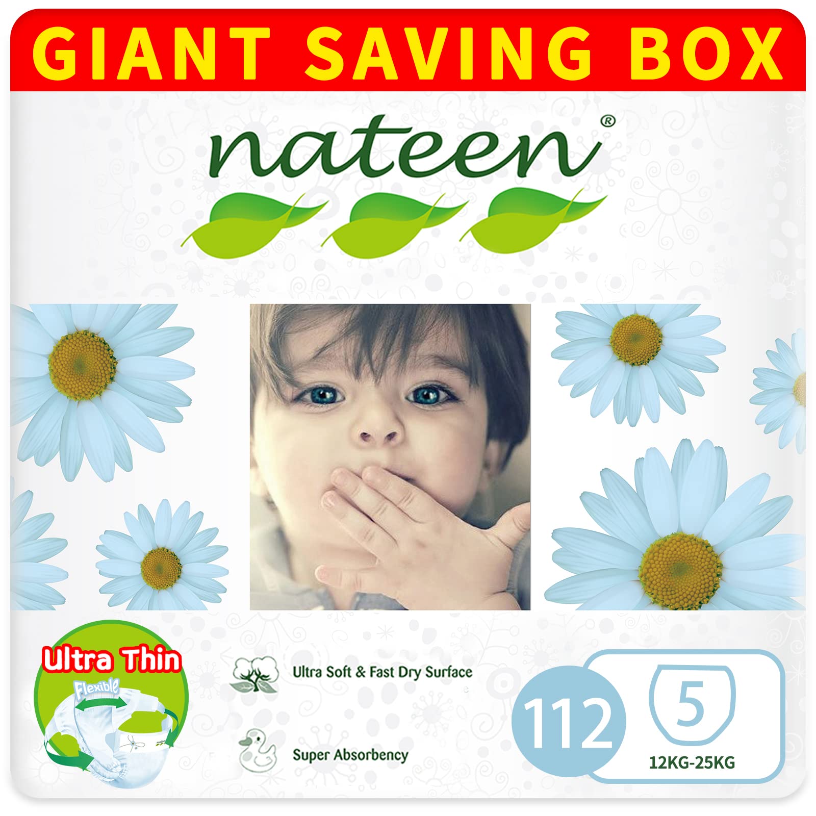 NateenPremium Care Diaper,Size 5(12-25kg),X-Large,112 Count Diapers,Super Absorbent,Breathable Baby Diapers.