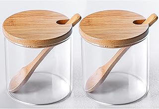 FANTESTICRYAN 2 PCS Clear Glass Condiment Canister Pots Set, Simple Stylish Decorative Storage Seasoning Container with Bamboo Lid & Spoon for Home Kitchen Café Storing Salt Sugar Spice (Round)