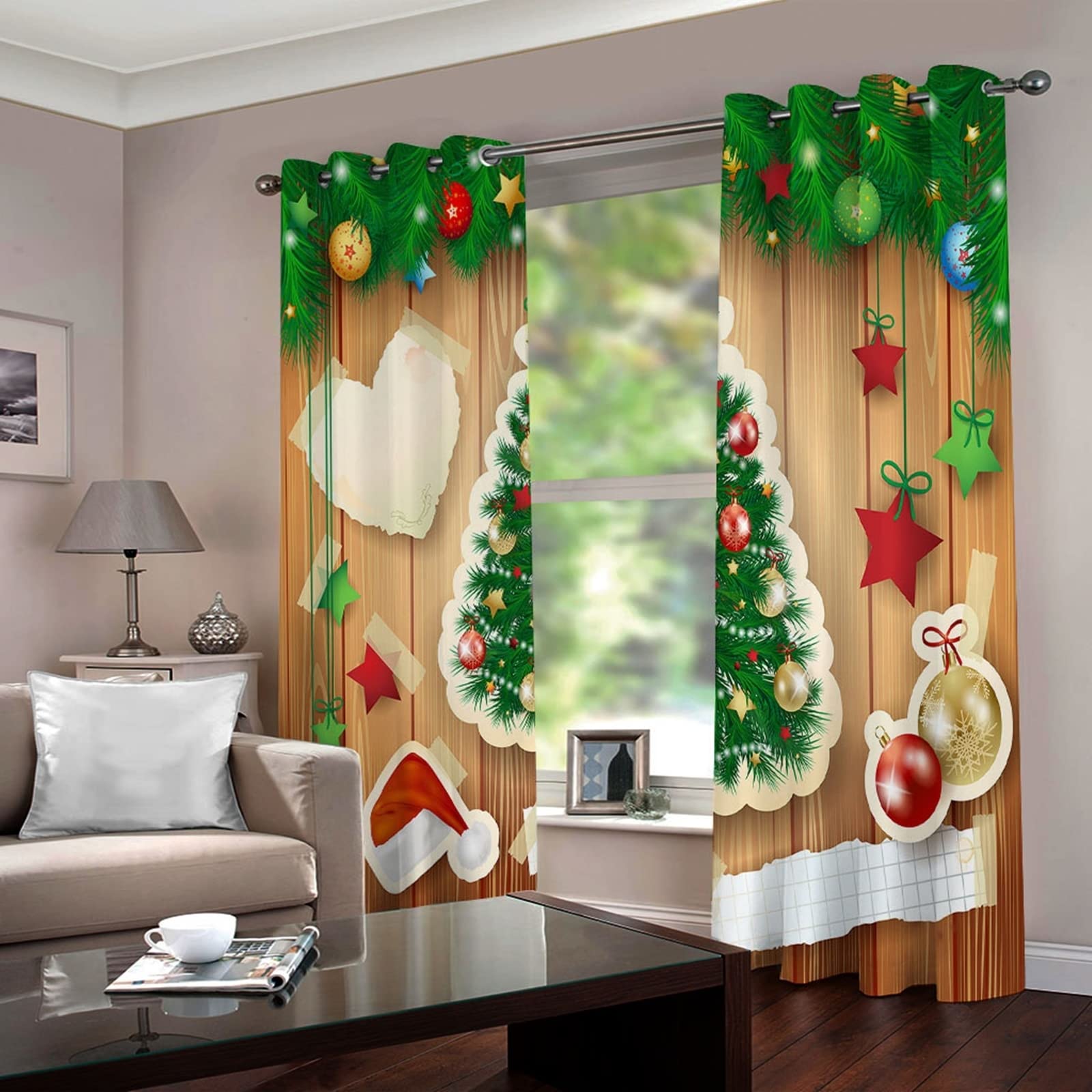 Serce z choinką gwiazdy kulki zasłony kuchenne, zasłony z oczkami 2 panele, szer. 137 cm x dł. 160 cm