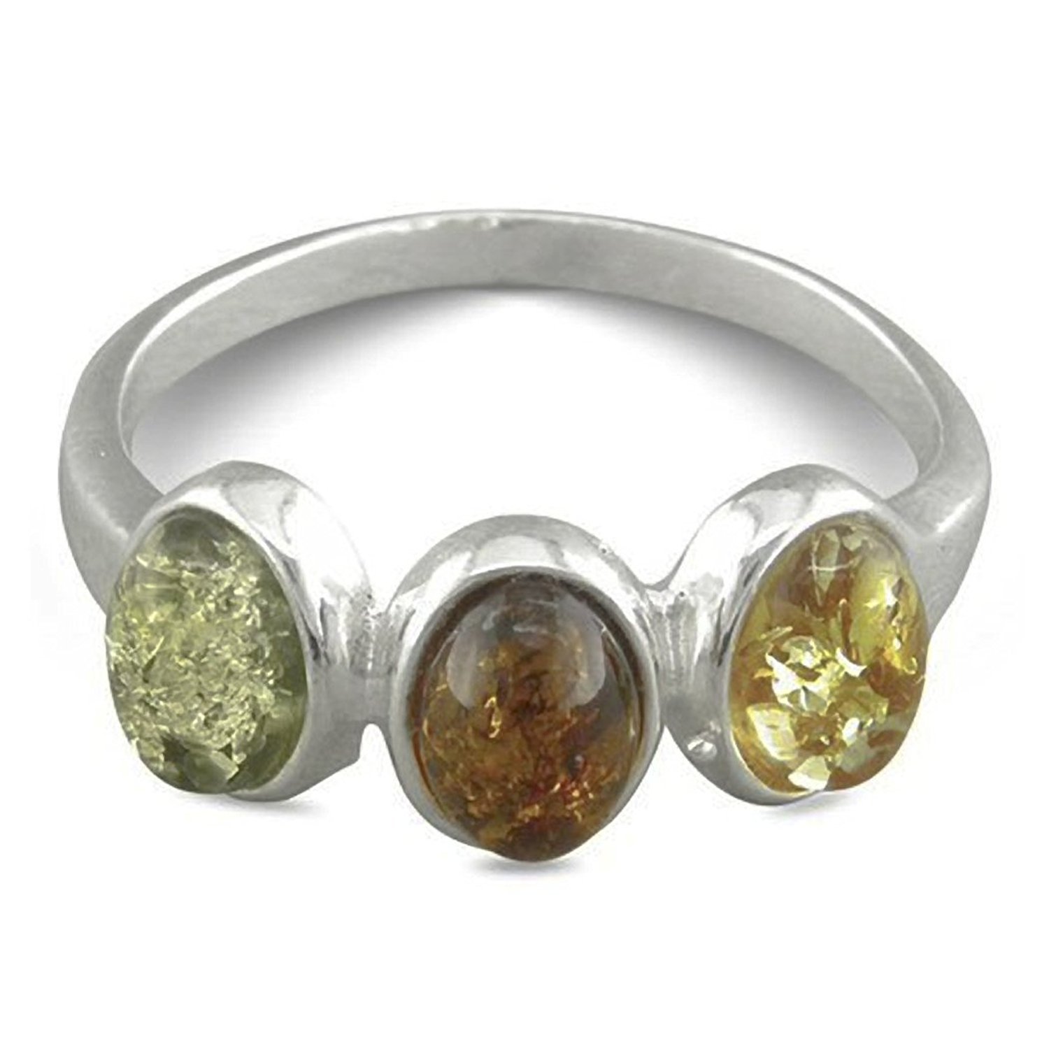 Designer Inspirations BoutiqueTri-Colour Round 3-Stone Amber Sterling Silver Ring – Yellow, Green, Orange Amber Jewellery – Sizes L-R Available