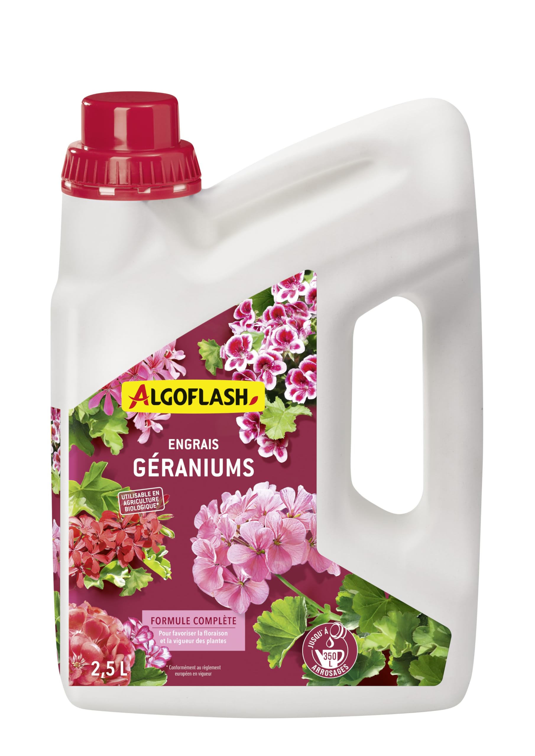 Algoflash Engrais Liquide Géraniums, Utilisable en Agriculture Biologique, Bouchon Doseur Inclus - 2,5 L