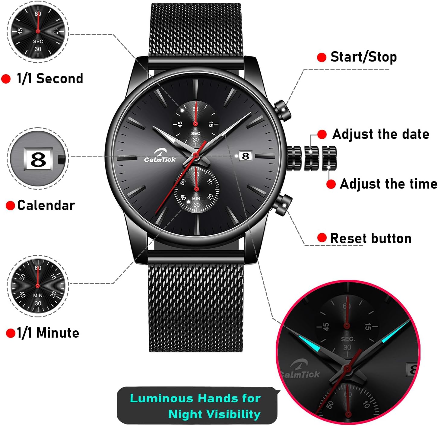 Professional Japanese VD51 Movement Men's Business Watch - 3 Year Battery Life, Luminous Hands, Date Display & Chronograph - Stainless Steel/Premium Leather Strap (Multiple Colors)